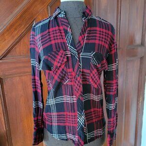 Zara Basic button down Shirt plaid red black long sleeve Women’s XS